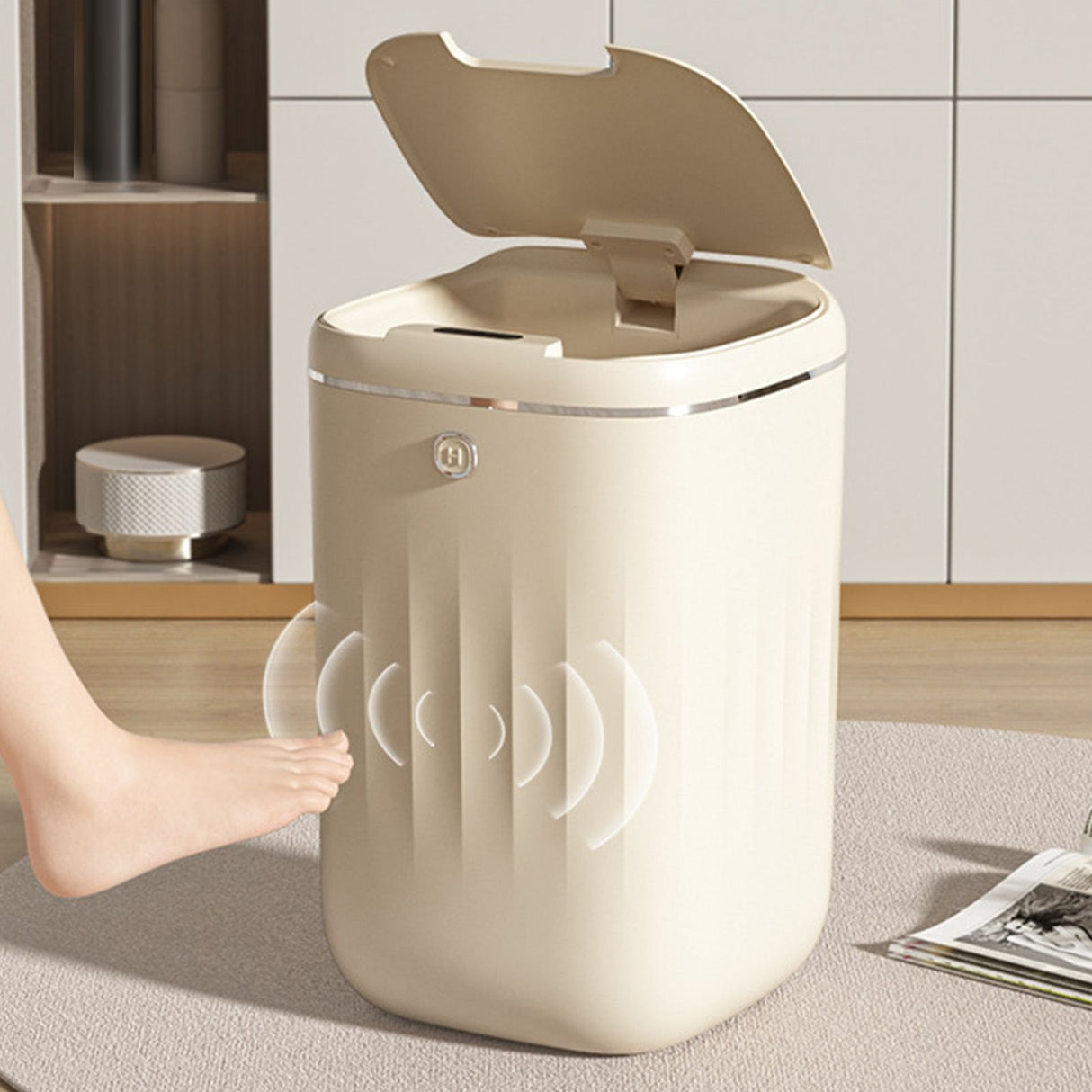 Automatic Trash Can 20L Touchless Sensor Easy Clean PP Waterproof Electric Garbage Bin for Kitchen Bathroom Cream White Battery Powered
