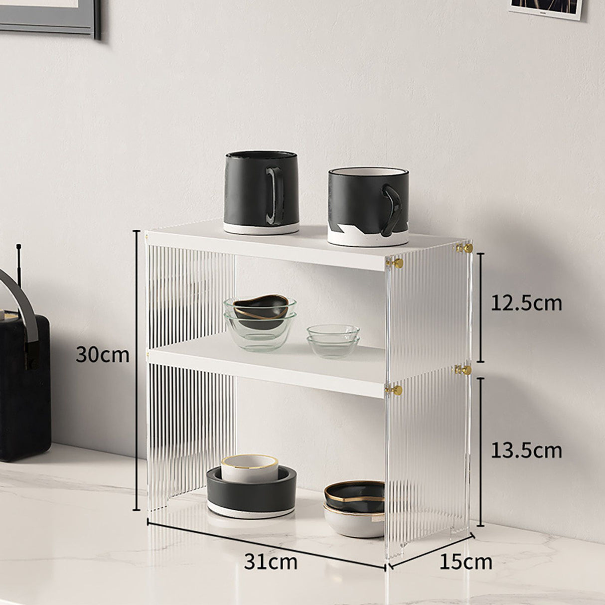 Coffee Mug Storage Shelf Stable Support Large Capacity Countertop Organizer for Living Room Bedroom White 2 Tier
