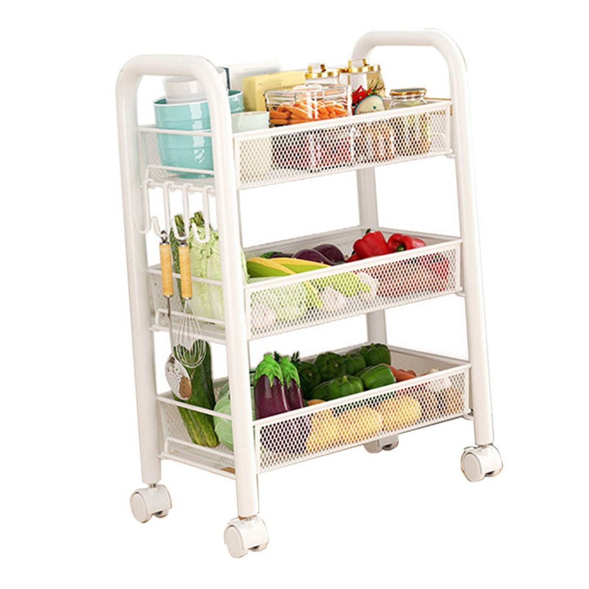 Rolling Storage Cart Layered Storage Shelves Multi Functional Movable Snack Vegetable Baskets Kitchen Shelves White Three Layers