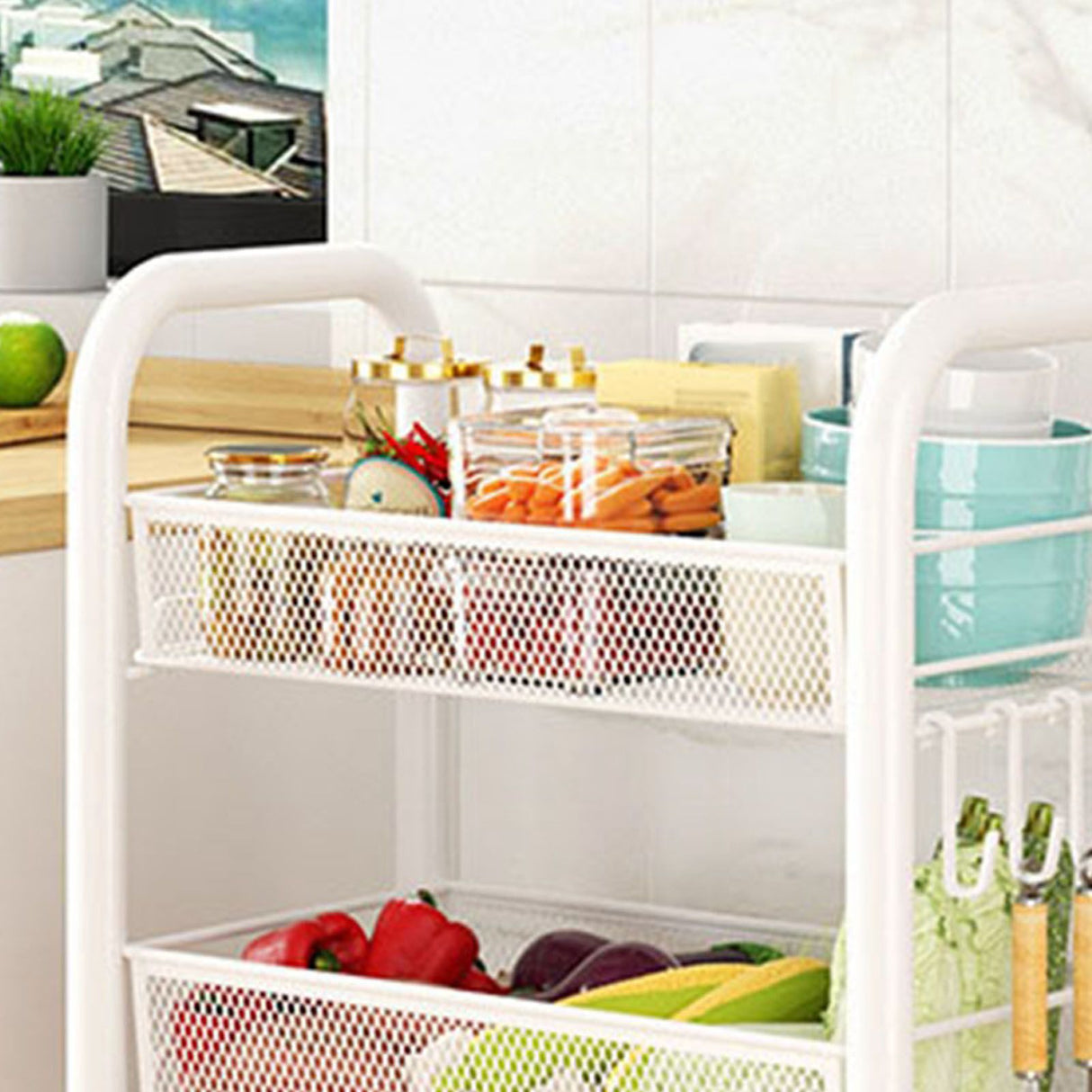 Rolling Storage Cart Layered Storage Shelves Multi Functional Movable Snack Vegetable Baskets Kitchen Shelves White Three Layers