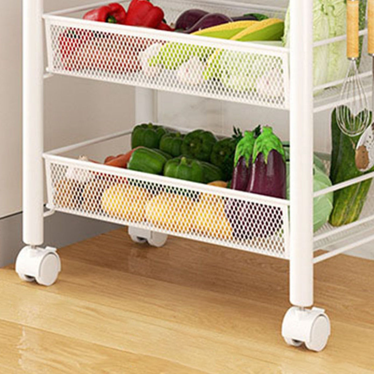 Rolling Storage Cart Layered Storage Shelves Multi Functional Movable Snack Vegetable Baskets Kitchen Shelves White Three Layers