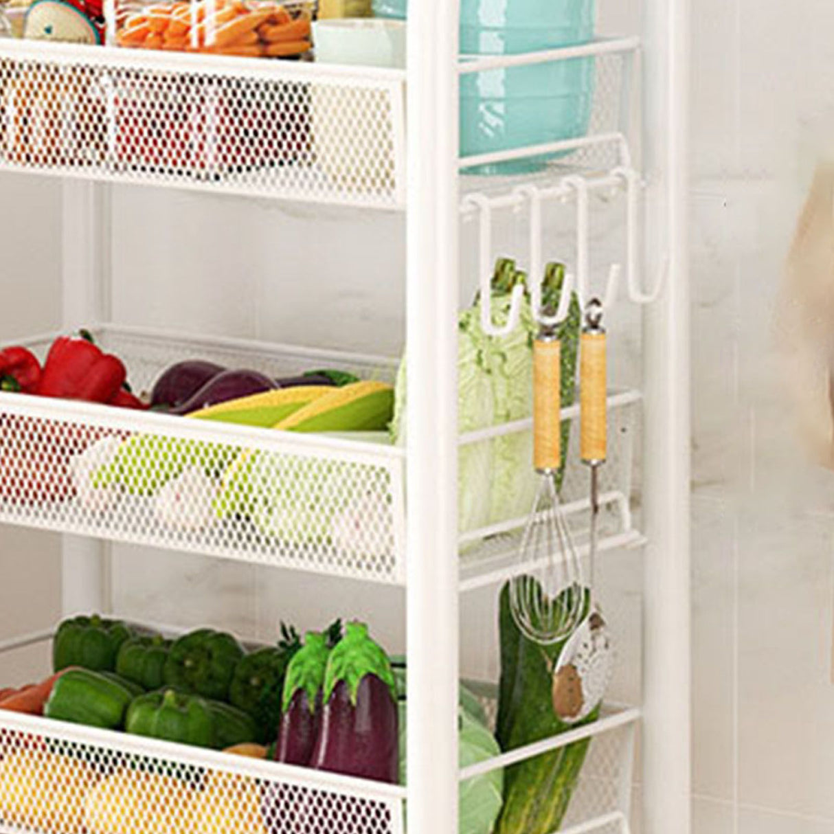 Rolling Storage Cart Layered Storage Shelves Multi Functional Movable Snack Vegetable Baskets Kitchen Shelves White Three Layers
