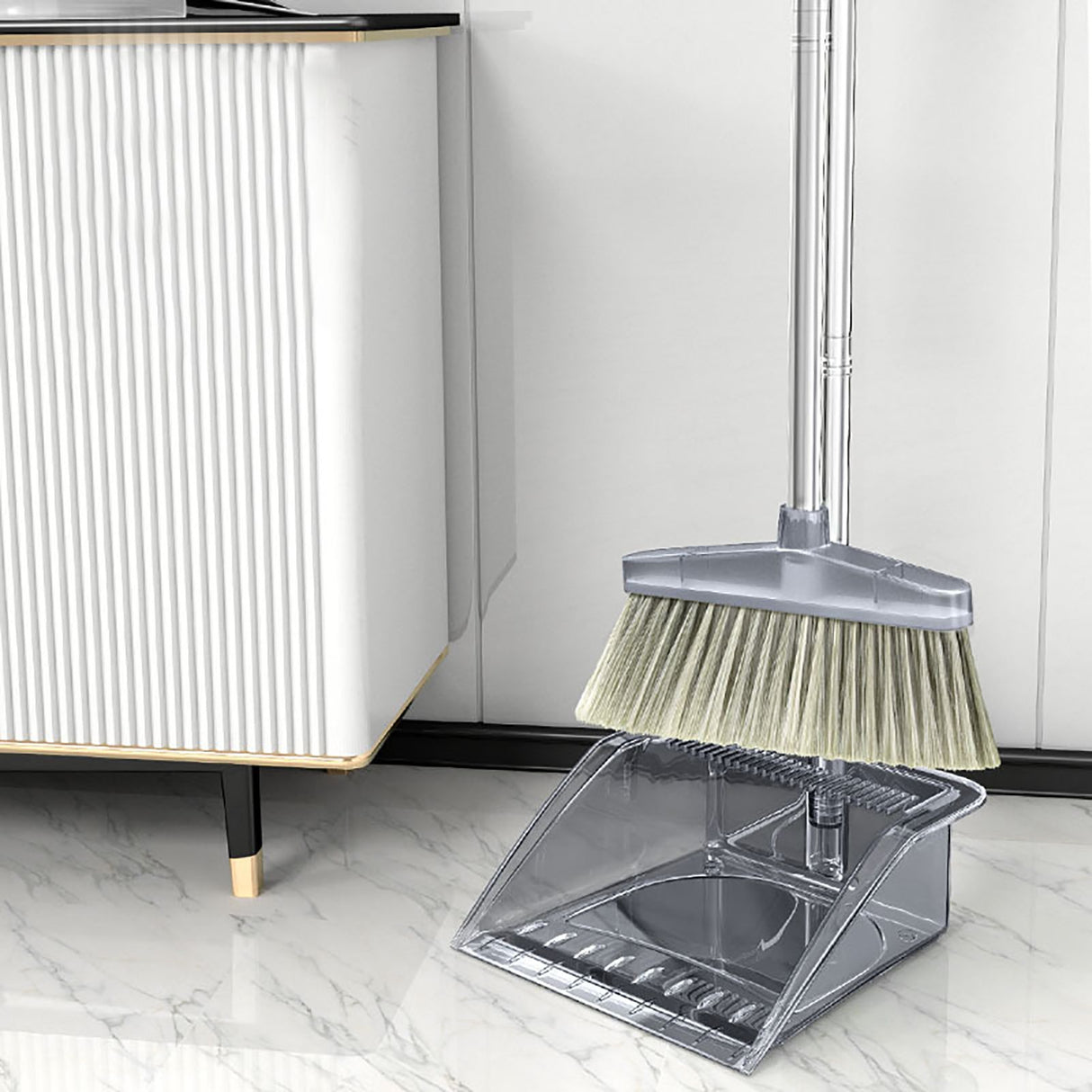 Broom Dustpan Set Cleaning Tool Dust Pan Long Handle Broom Brush Kit for Home Bedroom Gray