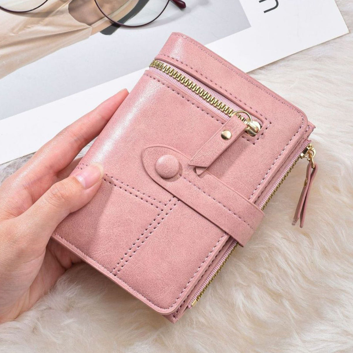 Women Wallet PU Leather Short Small Size Multiple Slots Card Holder Coin Purse for Daily Life Pink