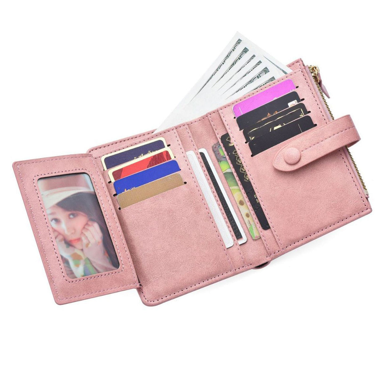 Women Wallet PU Leather Short Small Size Multiple Slots Card Holder Coin Purse for Daily Life Pink