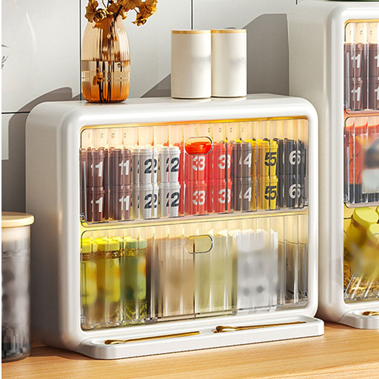 Wall Mounted Coffee Capsule Holder Clear Acrylic Compact Tea Bag Storage Rack for Office S One Layer Without Grid + One Layer with Three Compartments