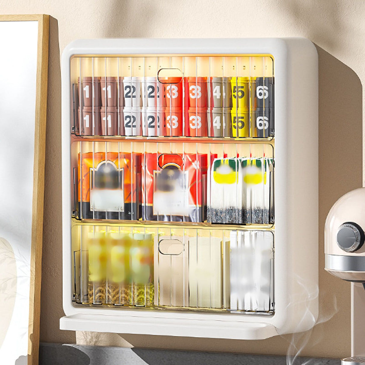 Wall Mounted Coffee Capsule Holder Clear Acrylic Compact Tea Bag Storage Rack for Office L Two Layer Without Grids + One Layer with Three Compartments