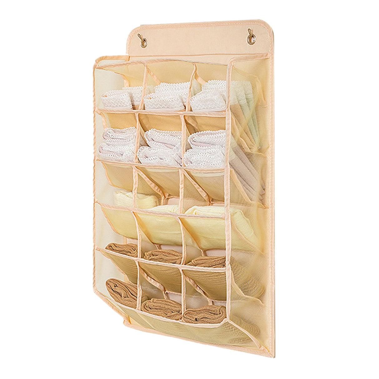 Closet Hanging Underwear Organizer Mesh Oxford Cloth PP Board Underwear Wall Shelf Wardrobe Hanging Storage Bag for Bra Socks Underpants 15 Pockets Beige