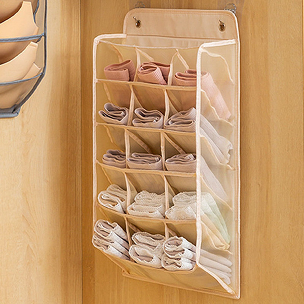 Closet Hanging Underwear Organizer Mesh Oxford Cloth PP Board Underwear Wall Shelf Wardrobe Hanging Storage Bag for Bra Socks Underpants 15 Pockets Beige