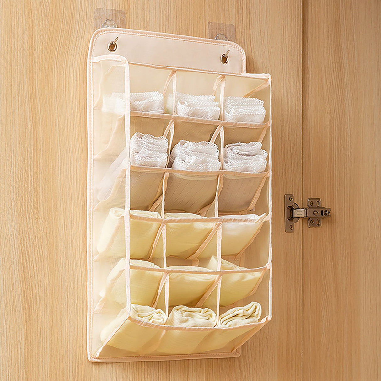 Closet Hanging Underwear Organizer Mesh Oxford Cloth PP Board Underwear Wall Shelf Wardrobe Hanging Storage Bag for Bra Socks Underpants 15 Pockets Beige