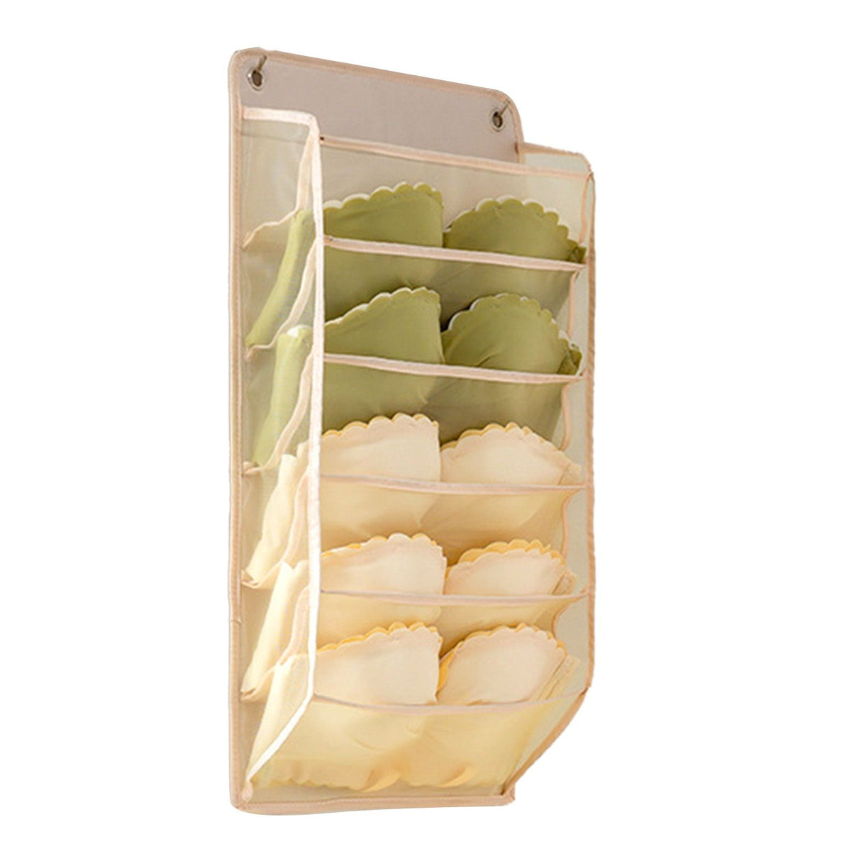 Closet Hanging Underwear Organizer Mesh Oxford Cloth PP Board Underwear Wall Shelf Wardrobe Hanging Storage Bag for Bra Socks Underpants 5 Pockets Beige