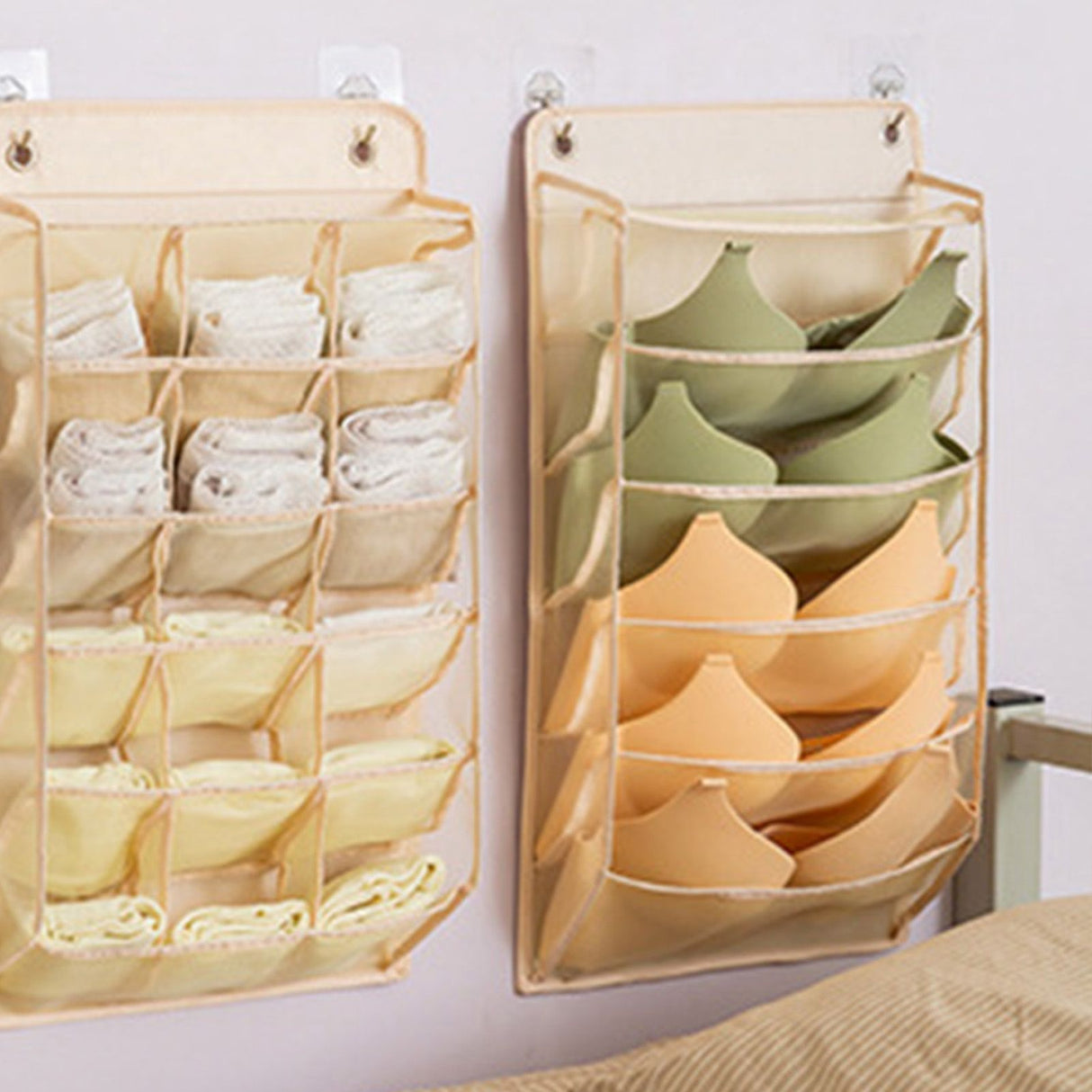 Closet Hanging Underwear Organizer Mesh Oxford Cloth PP Board Underwear Wall Shelf Wardrobe Hanging Storage Bag for Bra Socks Underpants 5 Pockets Beige