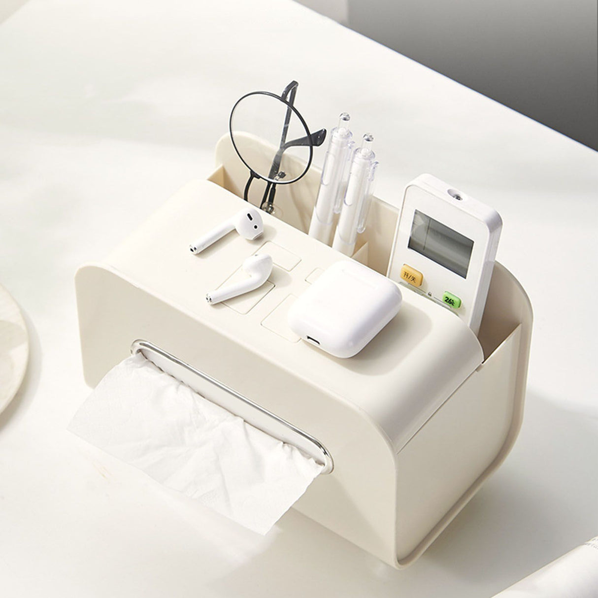 Desktop Tissue Box Multifunction Tissue Storage Dispenser with Phone Holder Remote Control Organizer Cream White