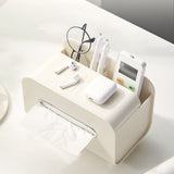 Desktop Tissue Box Multifunction Tissue Storage Dispenser with Phone Holder Remote Control Organizer Cream White - Rear View