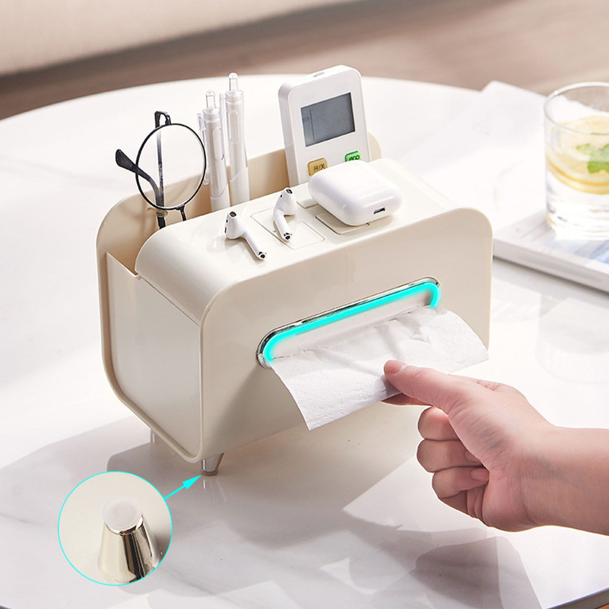 Desktop Tissue Box Multifunction Tissue Storage Dispenser with Phone Holder Remote Control Organizer Cream White