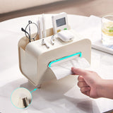 Desktop Tissue Box Multifunction Tissue Storage Dispenser with Phone Holder Remote Control Organizer Cream White