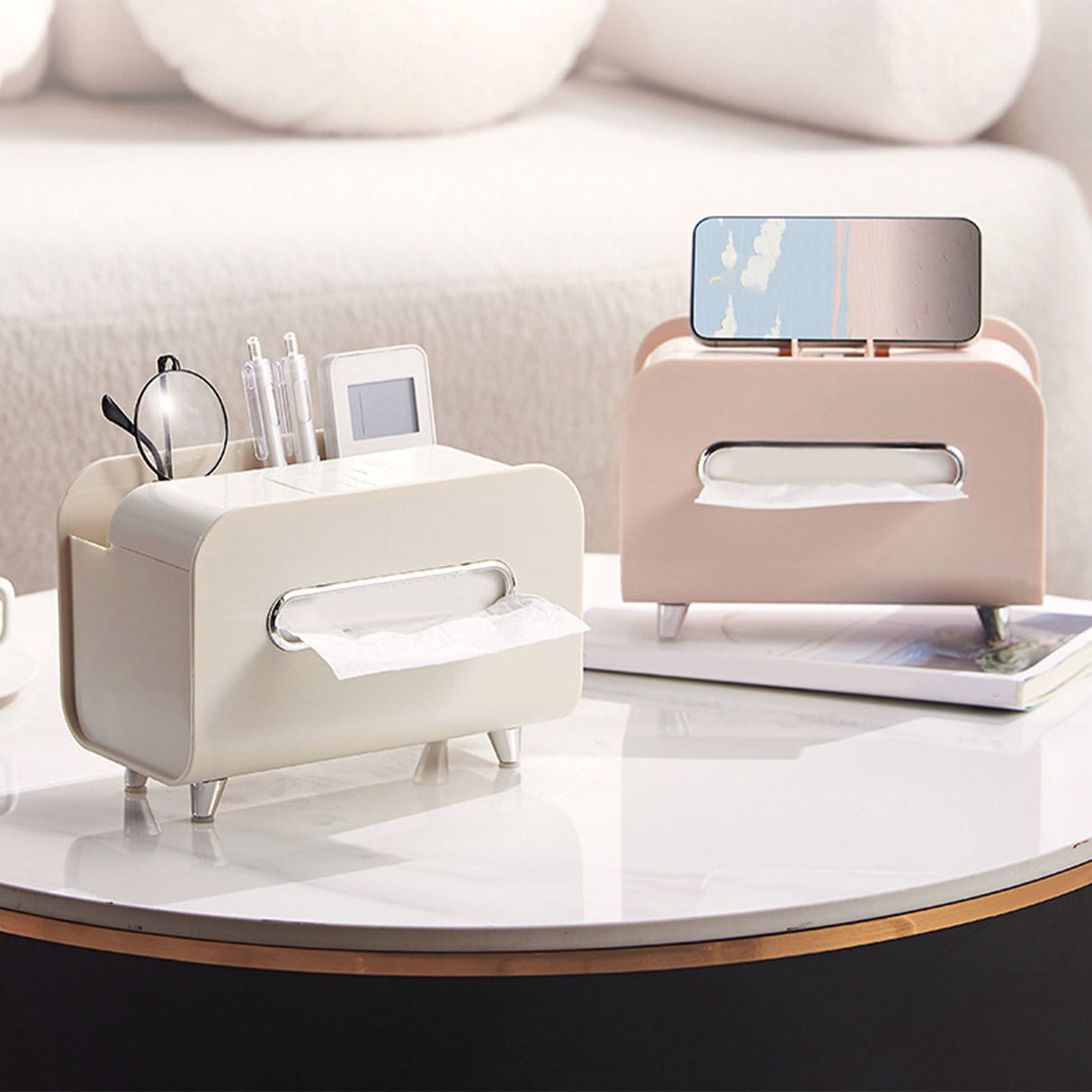 Desktop Tissue Box Multifunction Tissue Storage Dispenser with Phone Holder Remote Control Organizer Cream White
