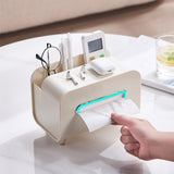 Desktop Tissue Box Multifunction Tissue Storage Dispenser with Phone Holder Remote Control Organizer Cream White