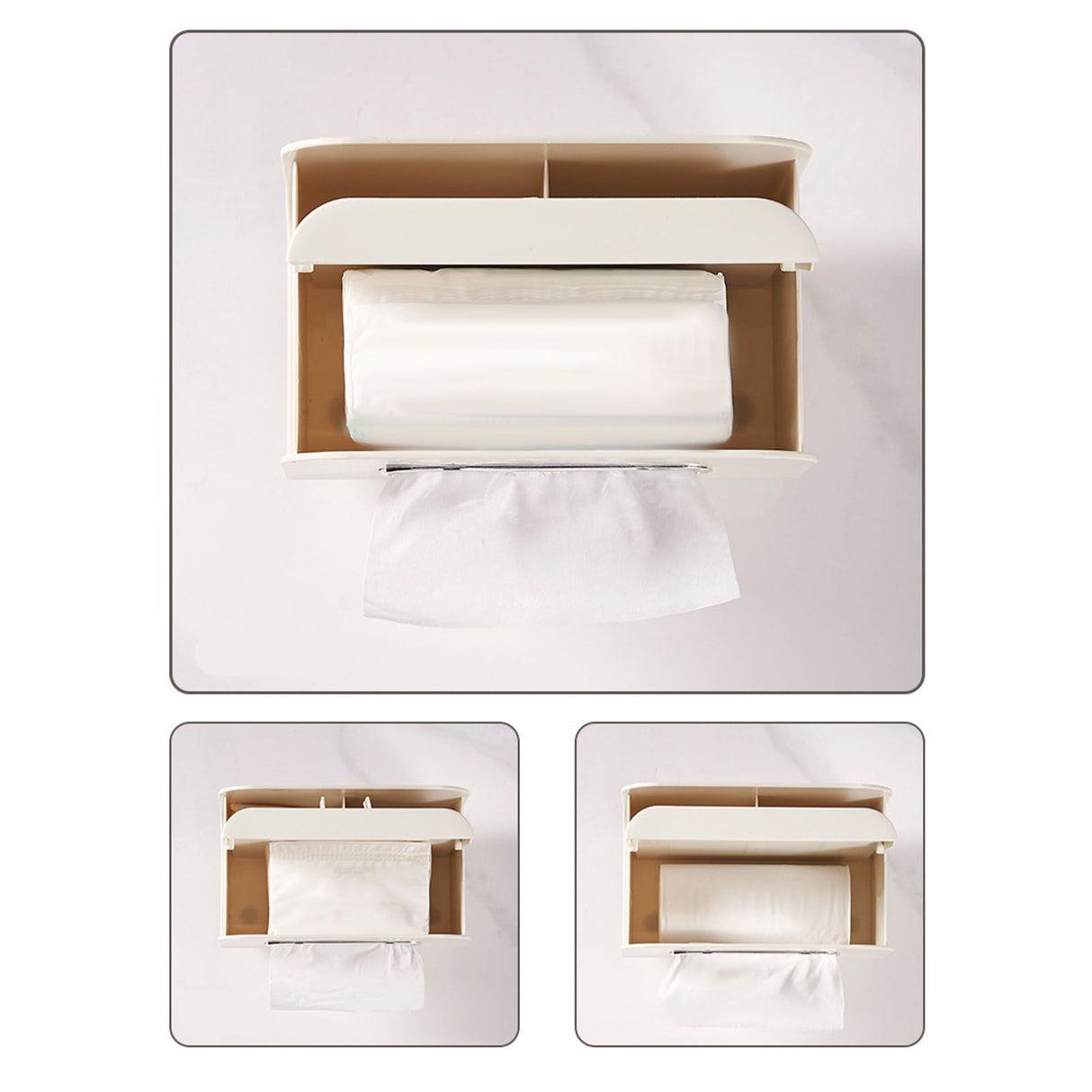 Desktop Tissue Box Multifunction Tissue Storage Dispenser with Phone Holder Remote Control Organizer Cream White