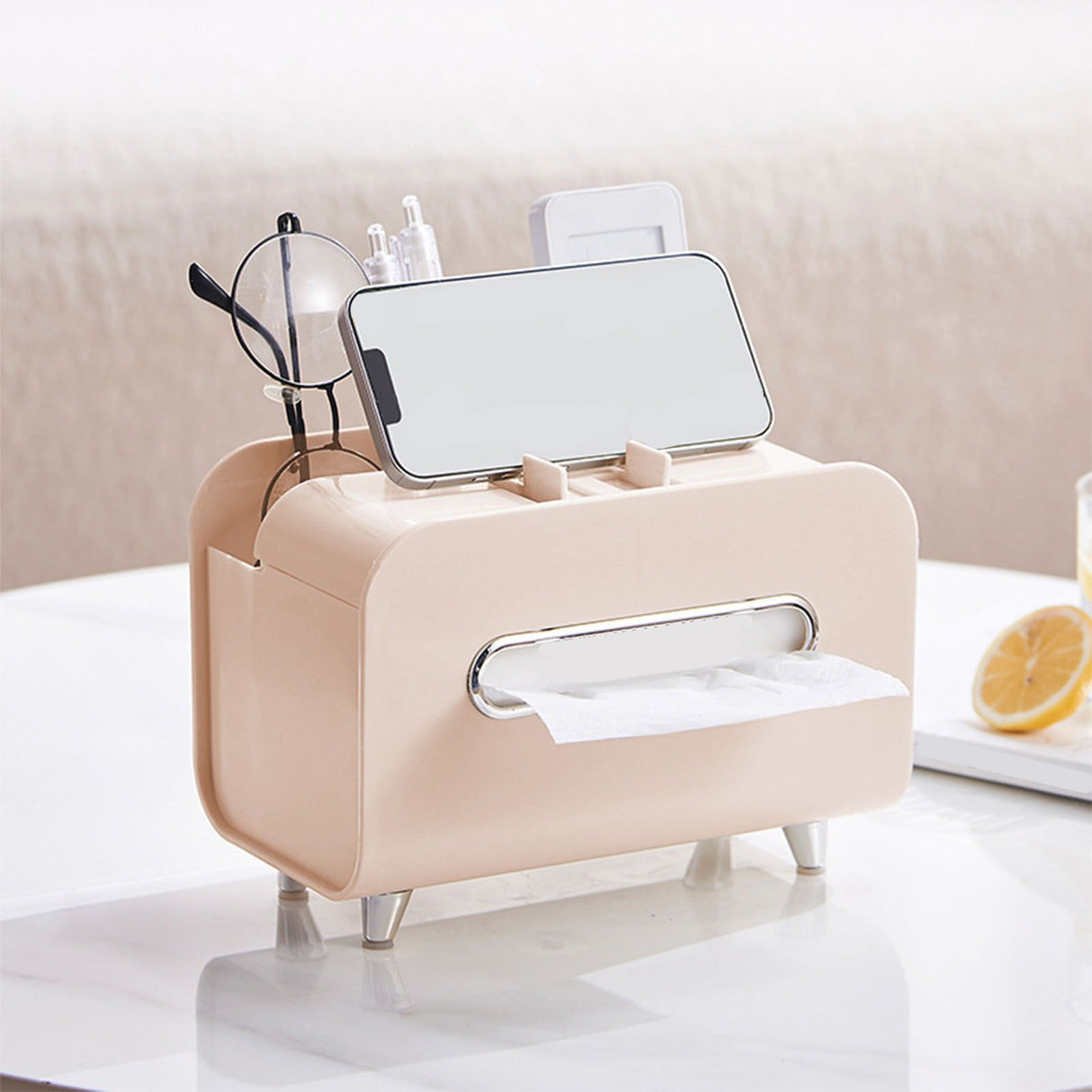 Desktop Tissue Box Multifunction Tissue Storage Dispenser with Phone Holder Remote Control Organizer Pink