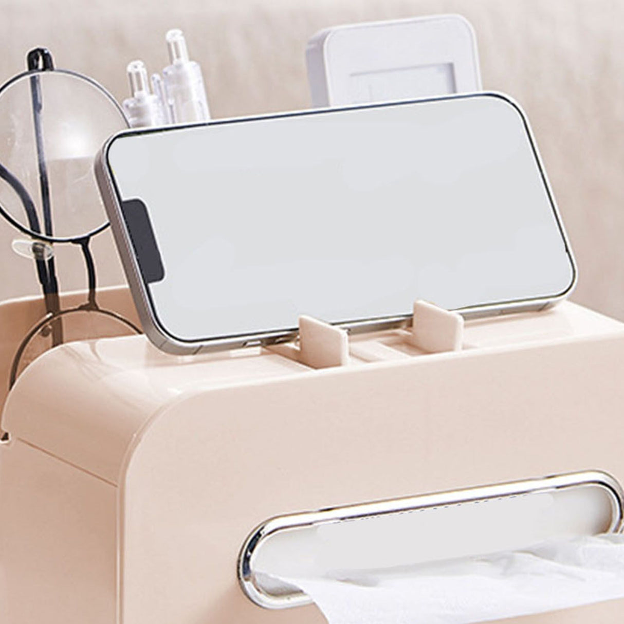 Desktop Tissue Box Multifunction Tissue Storage Dispenser with Phone Holder Remote Control Organizer Pink