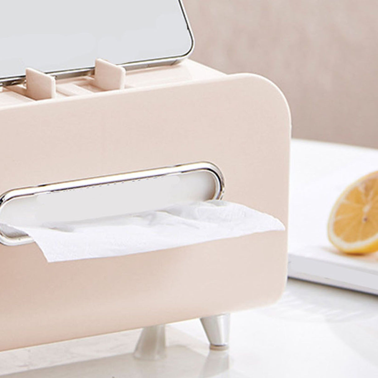 Desktop Tissue Box Multifunction Tissue Storage Dispenser with Phone Holder Remote Control Organizer Pink