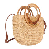 Women Rattan Bag Retro Fashion Small Semicircle Handwoven Straw Shoulder Bag Clutch Bag for Beach Travel - Front View