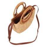 Women Rattan Bag Retro Fashion Small Semicircle Handwoven Straw Shoulder Bag Clutch Bag for Beach Travel - Top-Down View