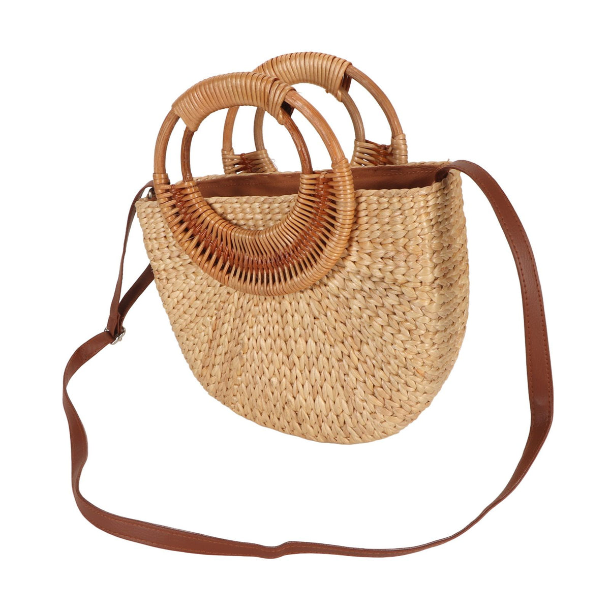 Women Rattan Bag Retro Fashion Small Semicircle Handwoven Straw Shoulder Bag Clutch Bag for Beach Travel