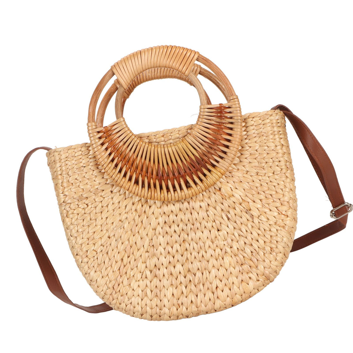 Women Rattan Bag Retro Fashion Small Semicircle Handwoven Straw Shoulder Bag Clutch Bag for Beach Travel