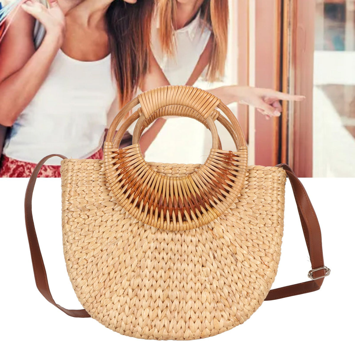 Women Rattan Bag Retro Fashion Small Semicircle Handwoven Straw Shoulder Bag Clutch Bag for Beach Travel