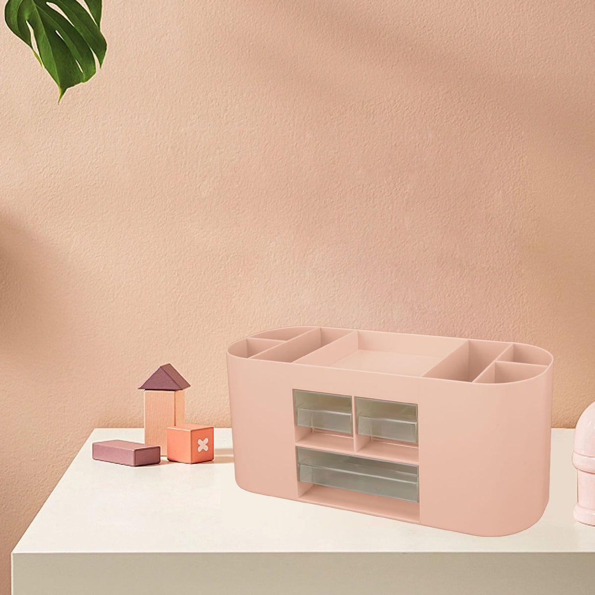 Pen Holder with Transparent Drawers Large Capacity Multiple Compartment Plastic Pencil Storage Organizer for Office Desk Pink