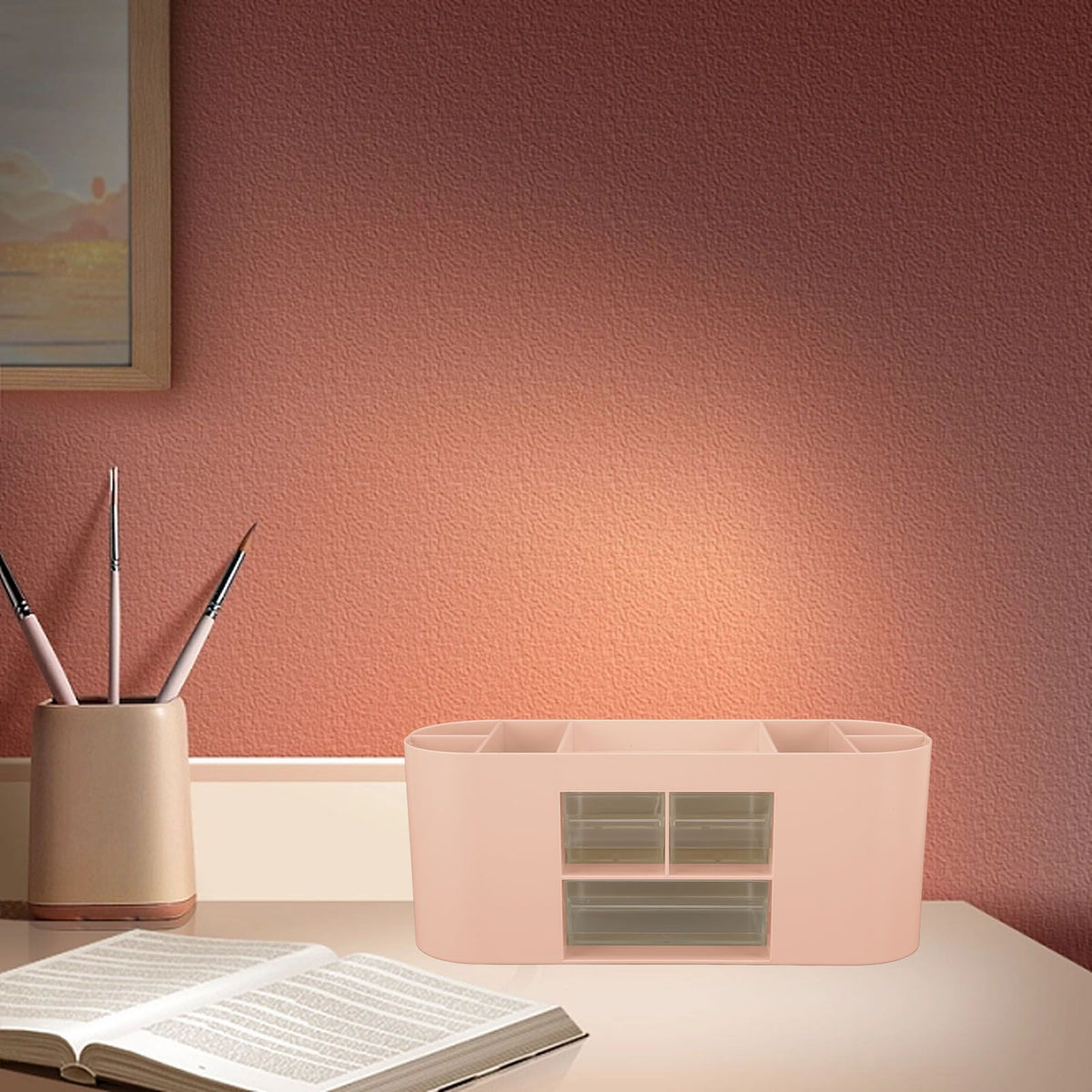 Pen Holder with Transparent Drawers Large Capacity Multiple Compartment Plastic Pencil Storage Organizer for Office Desk Pink