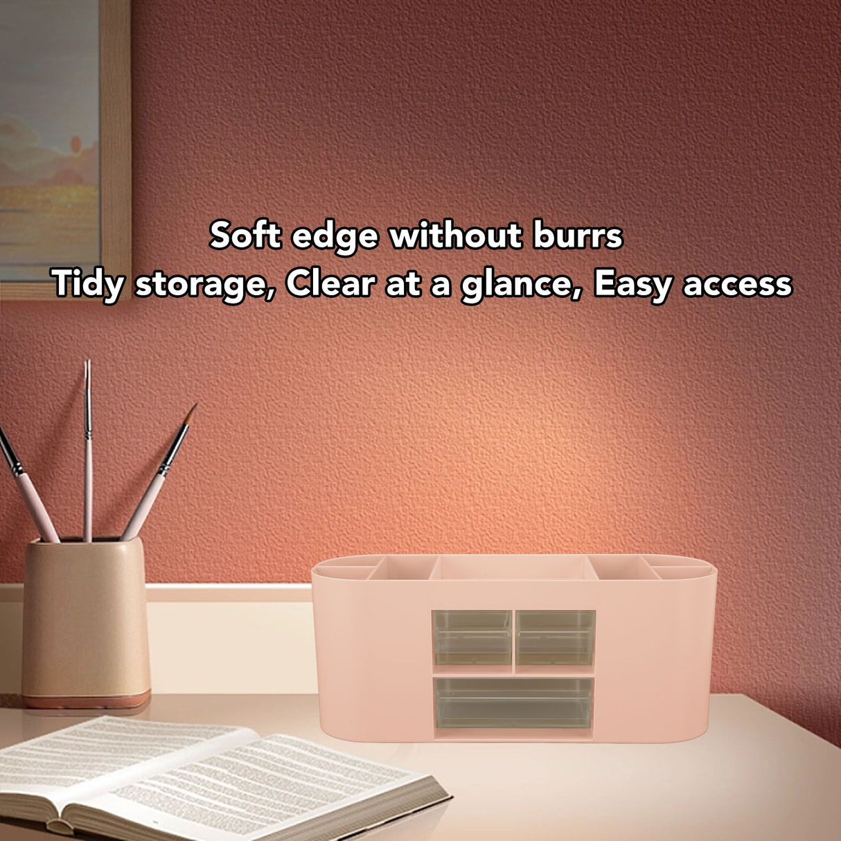 Pen Holder with Transparent Drawers Large Capacity Multiple Compartment Plastic Pencil Storage Organizer for Office Desk Pink