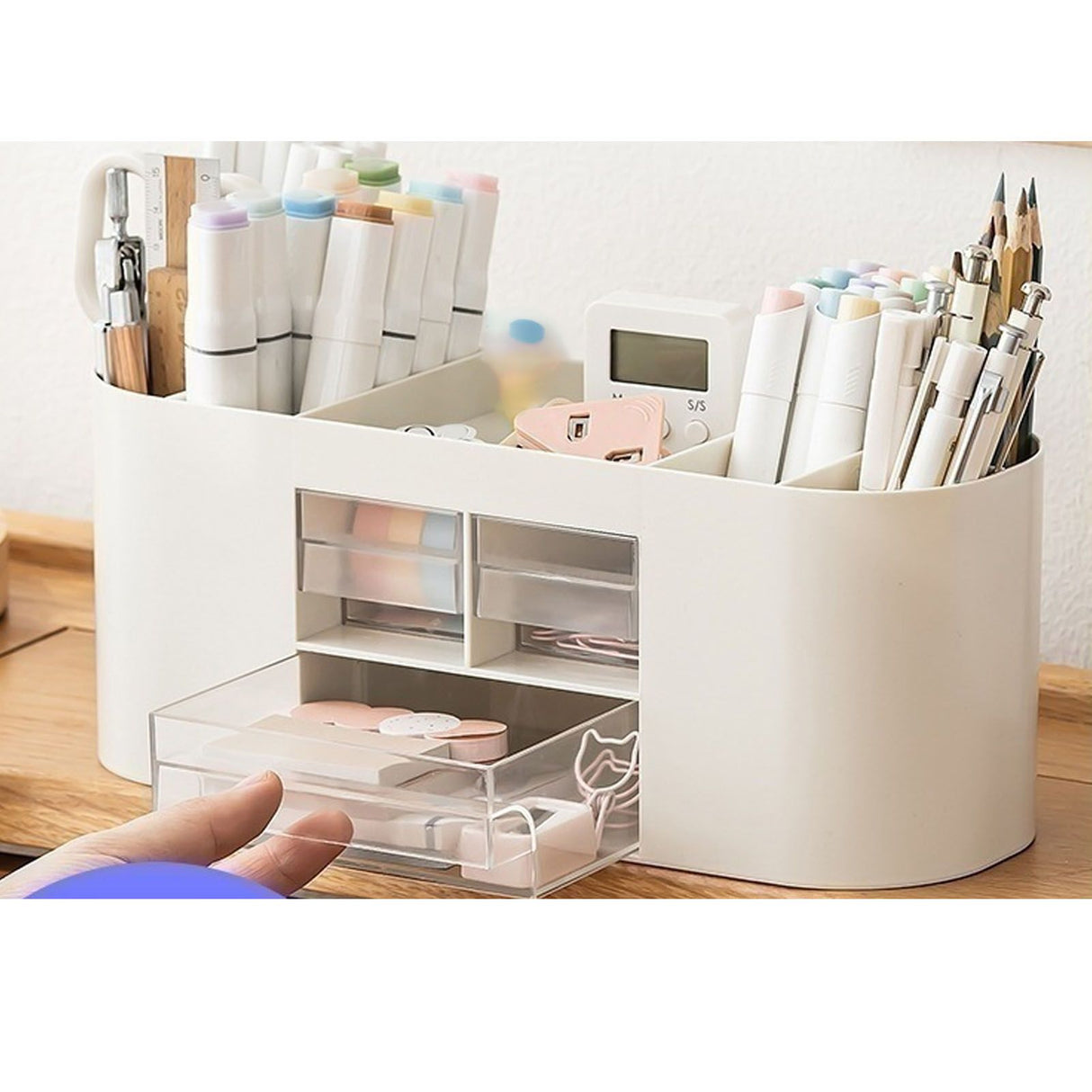 Pen Holder with Transparent Drawers Large Capacity Multiple Compartment Plastic Pencil Storage Organizer for Office Desk White