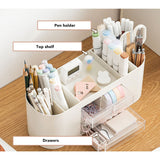 Pen Holder with Transparent Drawers Large Capacity Multiple Compartment Plastic Pencil Storage Organizer for Office Desk White