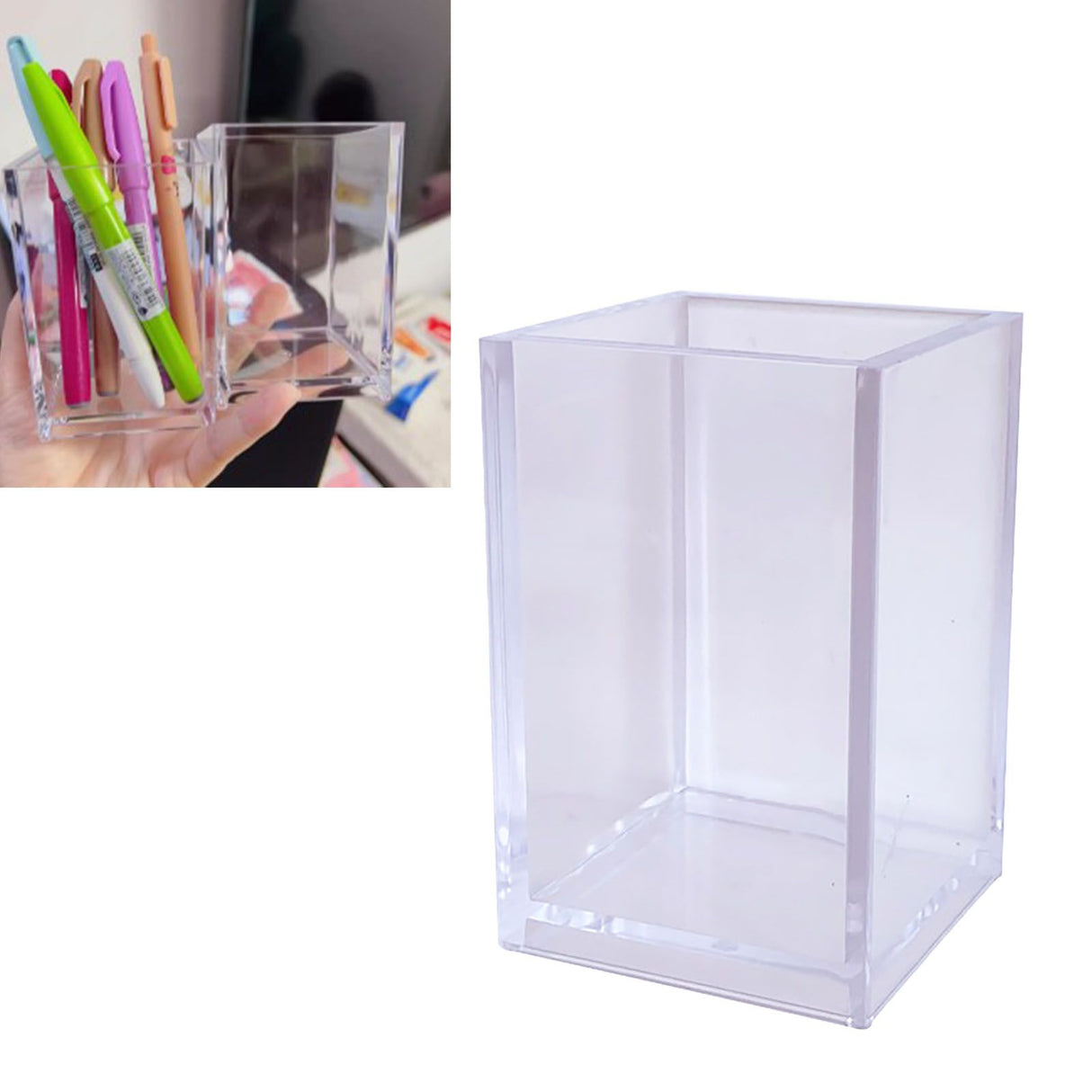Acrylic Pencil Pen Holder Cup Transparent Clear Makeup Brush Storage Box Desktop Stationery Organizer for Office School Home