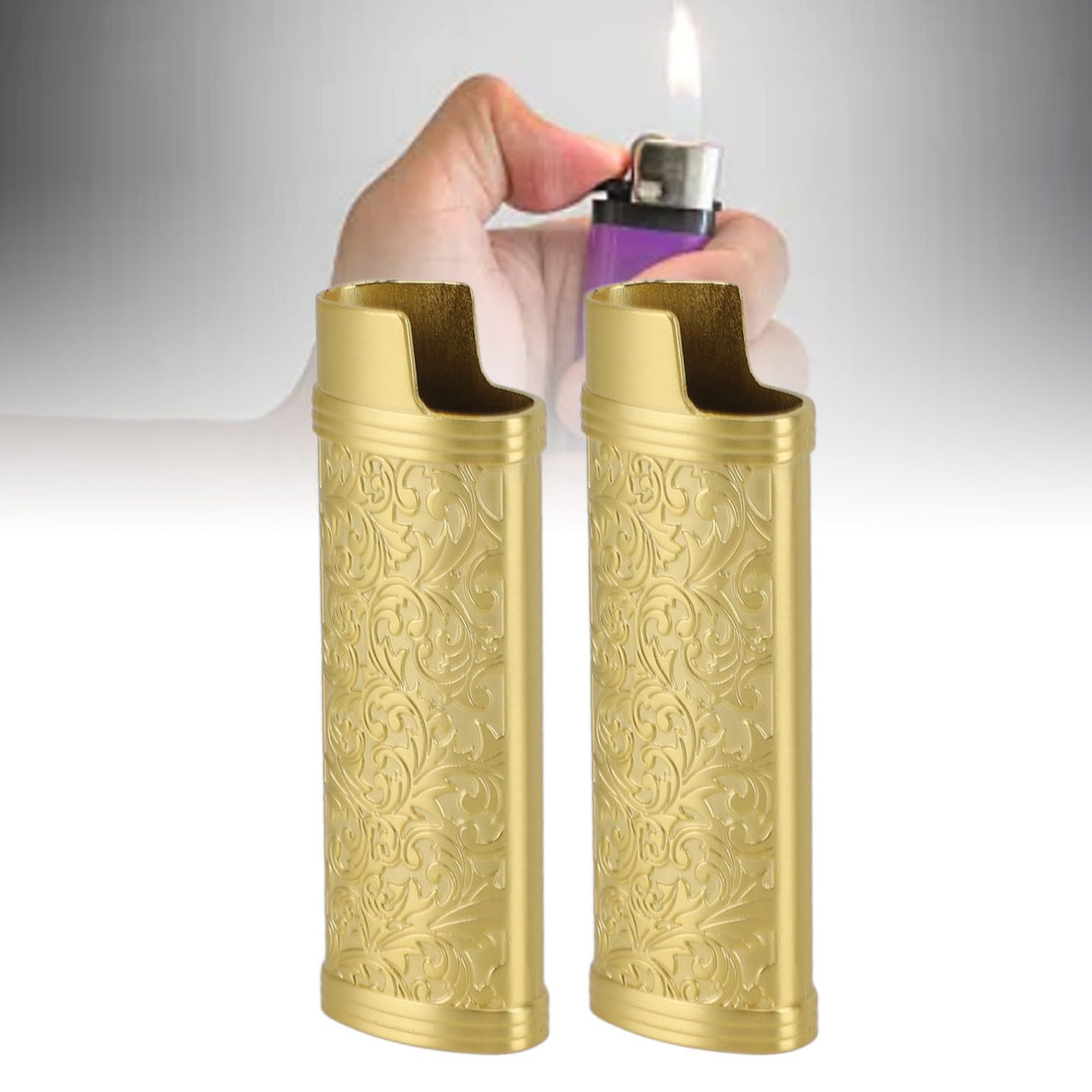 2PCS Lighter Case Cover Vintage Style Floral Stamped Zinc Alloy Shell for Lighter Protection Gold