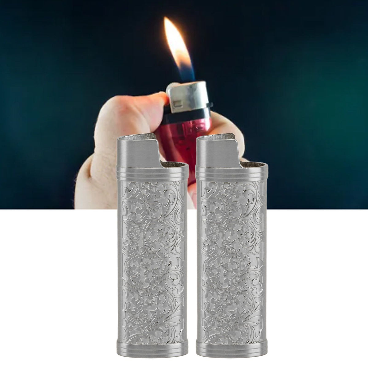 2PCS Lighter Case Cover Vintage Style Floral Stamped Zinc Alloy Shell for Lighter Protection Gray