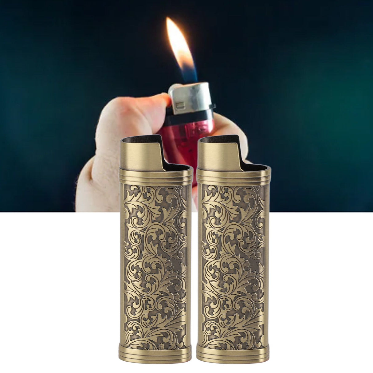 2PCS Lighter Case Cover Vintage Style Floral Stamped Zinc Alloy Shell for Lighter Protection Bronze