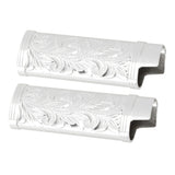 2Pcs Lighter Case Zinc Alloy Lighter Storage Container Floral Pattern for Outdoor Camping Hiking Silver - Top-Down View