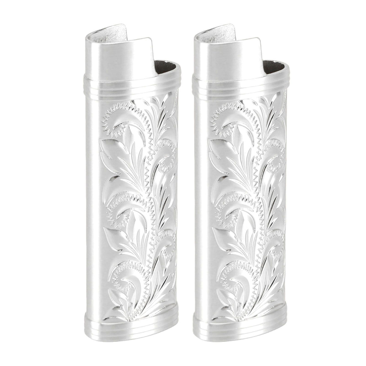 2Pcs Lighter Case Zinc Alloy Lighter Storage Container Floral Pattern for Outdoor Camping Hiking Silver