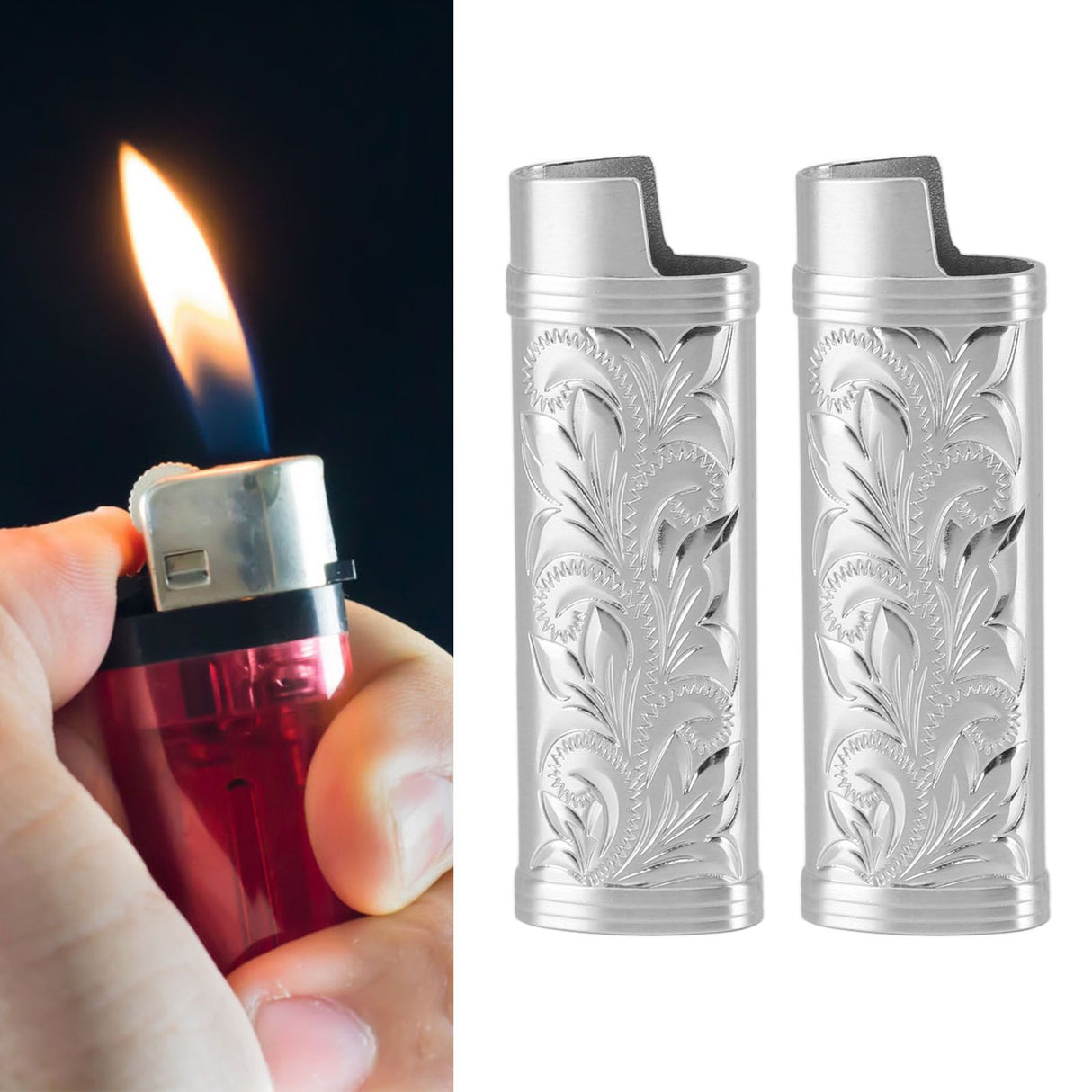 2Pcs Lighter Case Zinc Alloy Lighter Storage Container Floral Pattern for Outdoor Camping Hiking Silver