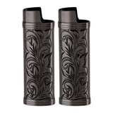 2Pcs Lighter Case Zinc Alloy Lighter Storage Container Floral Pattern for Outdoor Camping Hiking Black