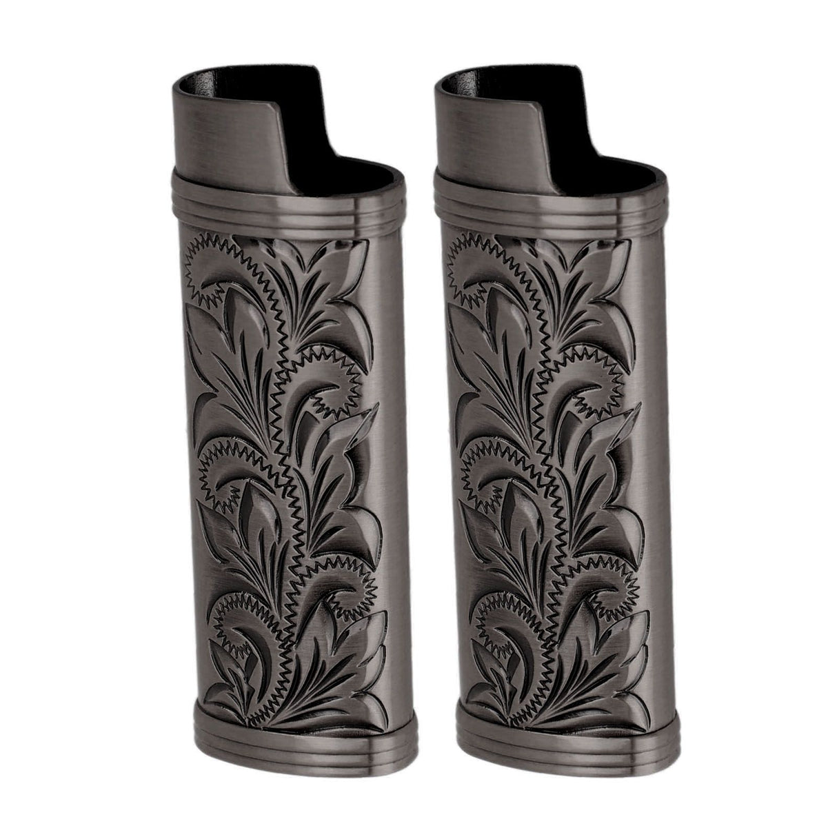 2Pcs Lighter Case Zinc Alloy Lighter Storage Container Floral Pattern for Outdoor Camping Hiking Black