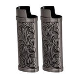 2Pcs Lighter Case Zinc Alloy Lighter Storage Container Floral Pattern for Outdoor Camping Hiking Black - Top-Down View