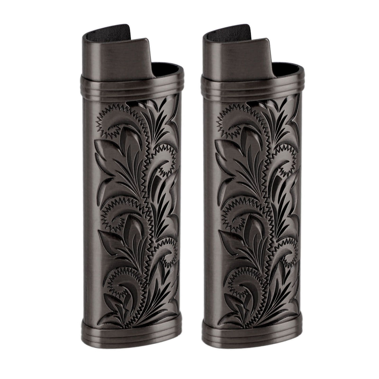 2Pcs Lighter Case Zinc Alloy Lighter Storage Container Floral Pattern for Outdoor Camping Hiking Black