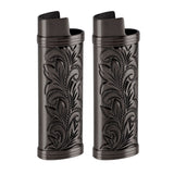 2Pcs Lighter Case Zinc Alloy Lighter Storage Container Floral Pattern for Outdoor Camping Hiking Black - Low Angle