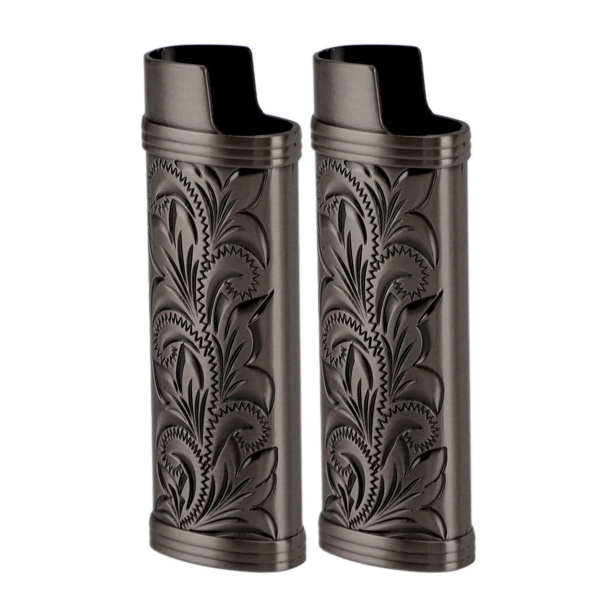 2Pcs Lighter Case Zinc Alloy Lighter Storage Container Floral Pattern for Outdoor Camping Hiking Black