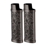 2Pcs Lighter Case Zinc Alloy Lighter Storage Container Floral Pattern for Outdoor Camping Hiking Black